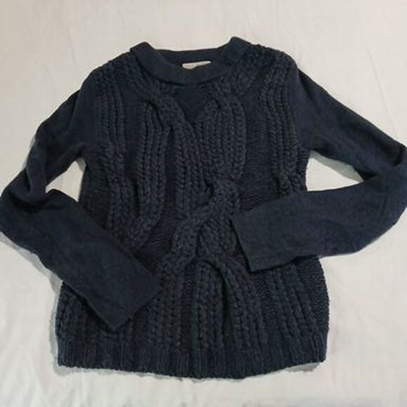 Joan Vass Small Navy Chunky-Cable-Knit Long-Sleeved Sweater Wool Blend - Picture 6 of 14